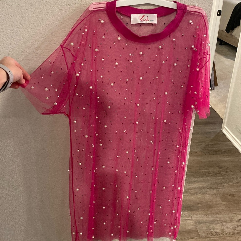 Hot Pink Sheer Pearl & Diamond Dress